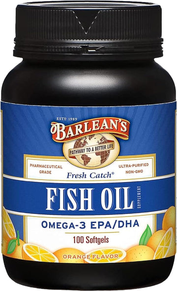 Barlean's Fish Oil Omega 3 Supplement, EPA & DHA Fatty Acid Softgels for Joint, Brain, & Heart Health, 600mg Orange Flavored Fish Oil Pills, 100 Count