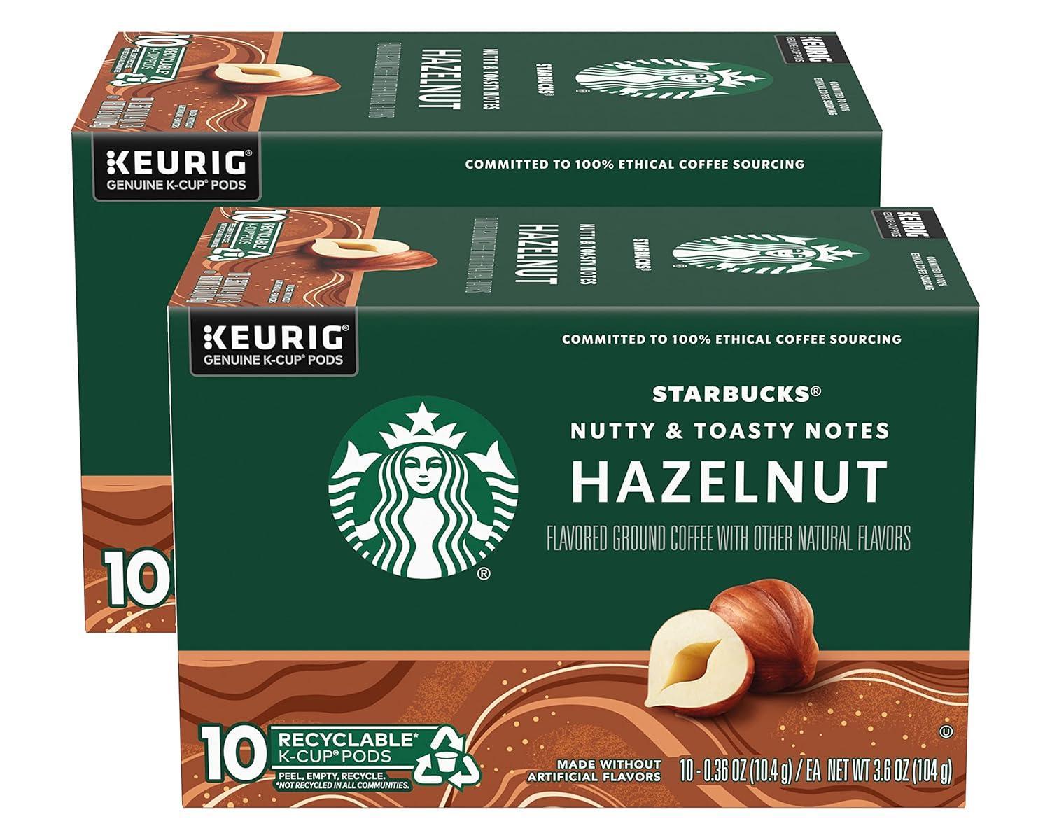 Starbucks Flavored Coffee K-Cup Pods, Hazelnut Flavored Coffee, Made Without Artificial Flavors, Keurig Genuine K-Cup Pods, 10 Ct K-Cups/Box (Pack Of 2 Boxes)