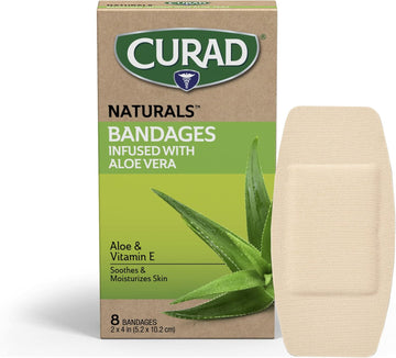 Curad Naturals Ale Vera & Vitamin E Bandages 2" X 4", Individually Wrapped Sterile Bandages, First Aid Kit Essential, Protects Scrapes And Cuts, Absorbent And Self-Adhesive, 8 - Count Box