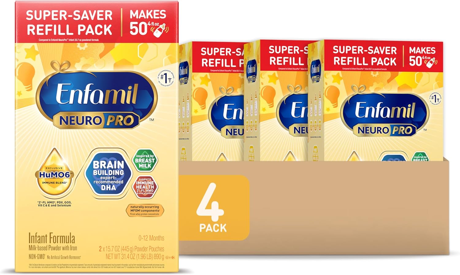 Enfamil NeuroPro Baby Formula, MFGM* 5-Year Benefit, Expert-Recommended Brain-Building Omega-3 DHA, Exclusive Immune Supporting HuMO6 Blend, Infant Formula Powder, Baby Milk, 31.4 Oz (Pack of 4)