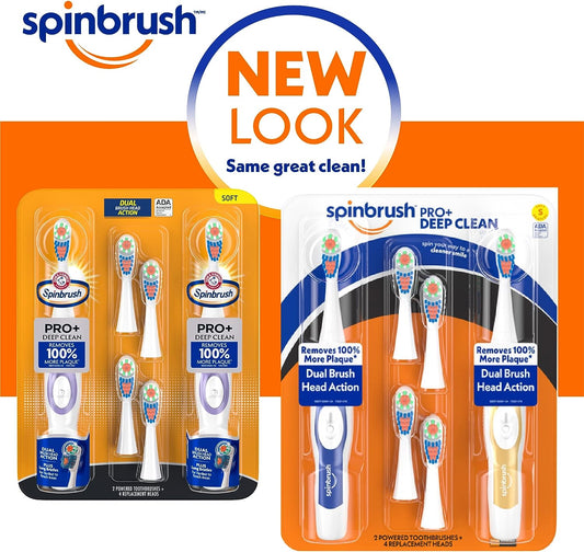 Arm & Hammer Pro+ Deep Clean Value Pack, Battery Toothbrush for Adults, 2 Brushes & 4 Replacement Heads