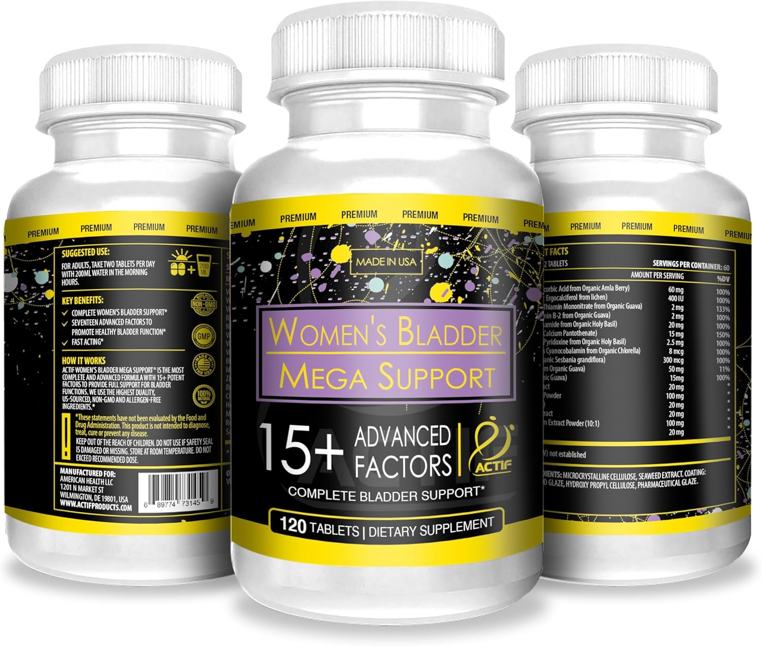 Actif Women'S Bladder Mega Support With 15+ Factors, Non-Gmo, For Bladder Control And Complete Bladder Support, Made In Usa, 120 Count