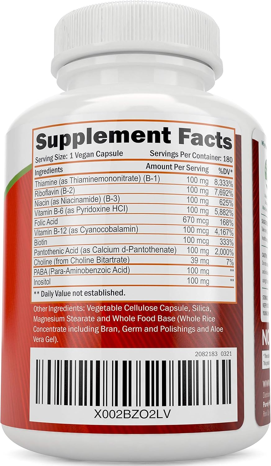 Vitamin B Complex - 8 Super B Complex Vitamins With Choline & Inositol, Vitamins B1, B2, B3, B5, B6, B8, B9 & B12 - B100 Complex - 180 Vegan Capsules - 6 Month Supply - Made In The Usa
