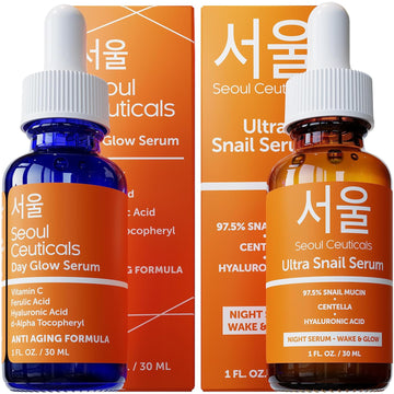 Seoulceuticals Korean Skin Care Day & Night Serum Set - Potent Vitamin C Day Serum + Korean Snail Night Serum With Hyaluronic Acid + Centella + Ce Ferulic For K Beauty Glow