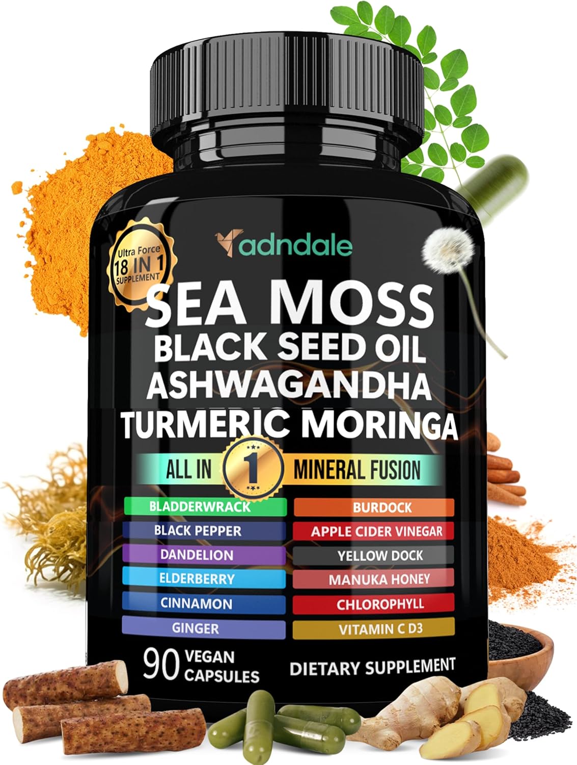 Sea Moss Black Seed Oil Ashwagandha Ginger Capsules. Sea Moss Capsules With Black Seed Oil, Ashwagandha, Turmeric, Moringa, Bladderwrack, Burdock Root, Manuka Honey, Cinnamon. 18-In-1 20’445 Mg/Serv