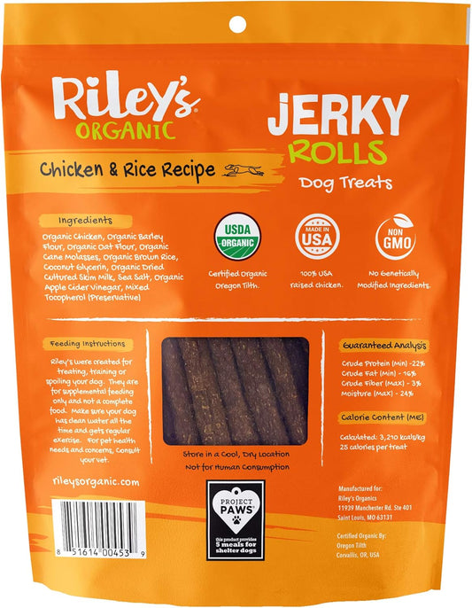 Riley'S Organic Dog Jerky Treats - Chicken Jerky Dog Treats - Chicken & Rice Dog Training Treats - Organic - Soft Jerky Treats For Dogs - Easy Snap For Any Size Dog - 5 Oz
