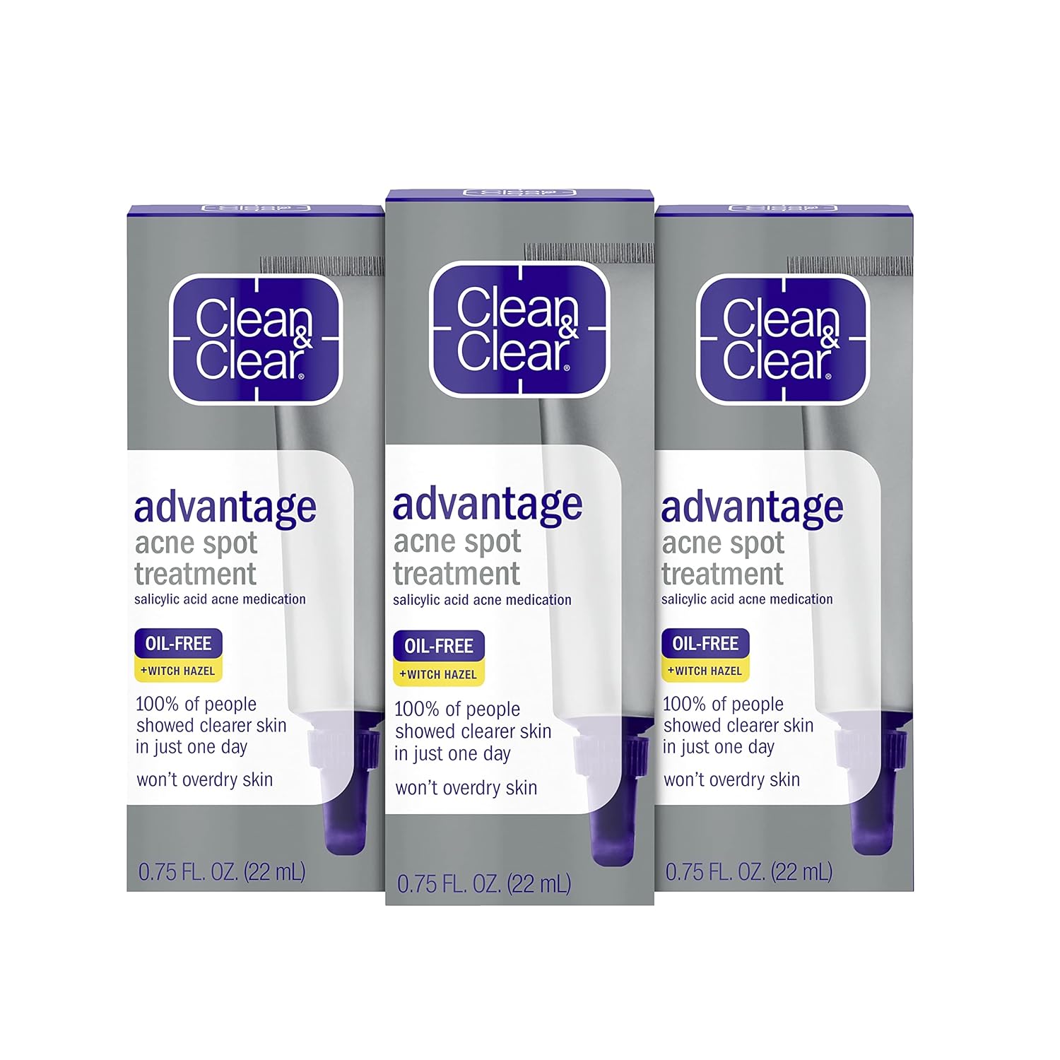 Clean & Clear Advantage Acne Spot Treatment Gel Cream, 2% Salicylic Acid Acne Medication, Witch Hazel, Oil-Free Gel Pimple Cream For Adults & Teens, Salicylic Acid, 3 X.75 Fl. Oz