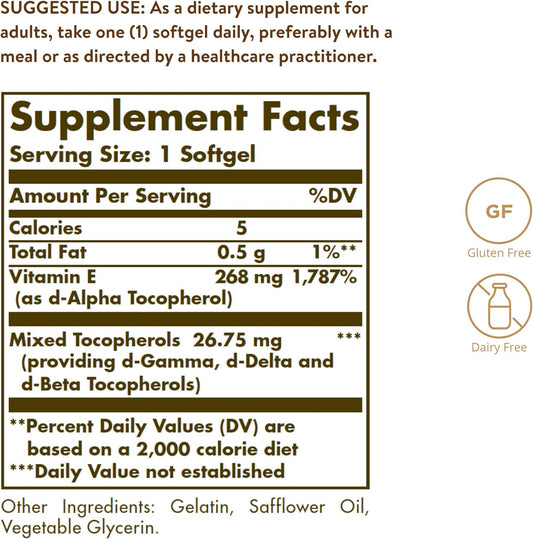 Solgar Vitamin E 268 Mg (400 Iu) (D-Alpha Tocopherol & Mixed Tocopherols), 100 Softgels - Supports Immune System & Skin Nutrition - Natural Antioxidant - Gluten Free, Dairy Free - 100 Servings