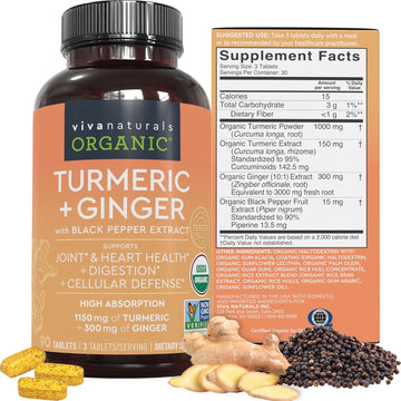 Organic Turmeric And Ginger Supplement, 90 Count - High Potency Ginger And Turmeric Supplement With Black Pepper Extract For Better Absorption - For Joint Support And Heart Health And Cellular Defense