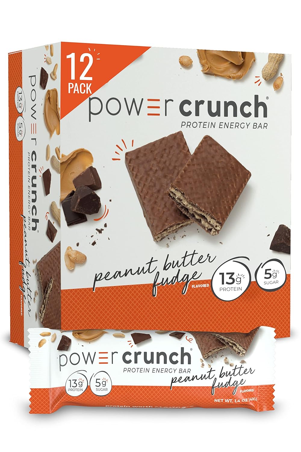 Power Crunch Protein Wafer Bars, High Protein Snacks With Delicious Taste, Peanut Butter Fudge, 1.4 Ounce (12 Count)