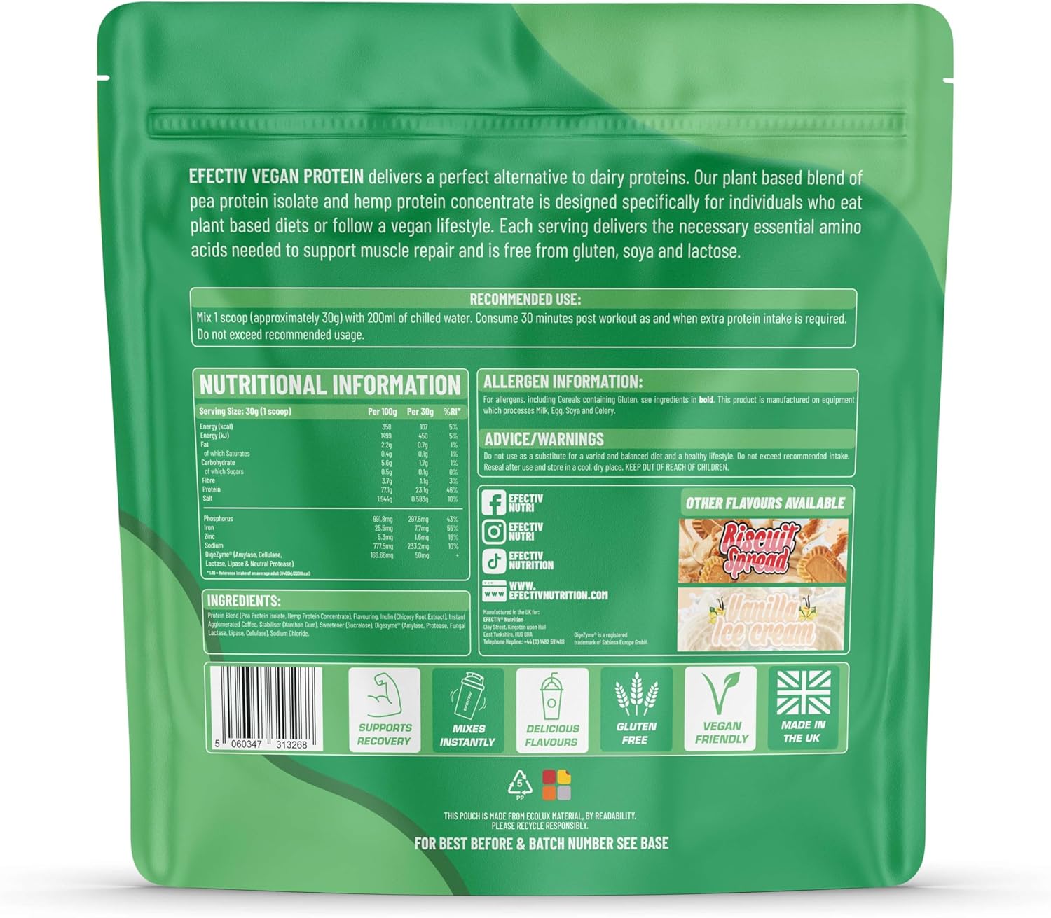 Efectiv Vegan Protein Powder 900g - Salted Dark Chocolate 23g Protein - Dairy, Gluten & Soy Free - Low Sugar Plant Based Protein Powder with Digestive Enzymes & Recyclable Packaging (30 Servings) : Amazon.co.uk: Health & Personal Care