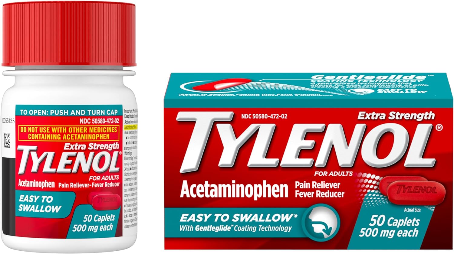 Tylenol Extra Strength Easy to Swallow Acetaminophen, Pain Reliever & Fever Reducer Coated Caplets for Adults with Gentleglide Technology, 500 mg Extra Strength Acetaminophen, 50 ct : Health & Household