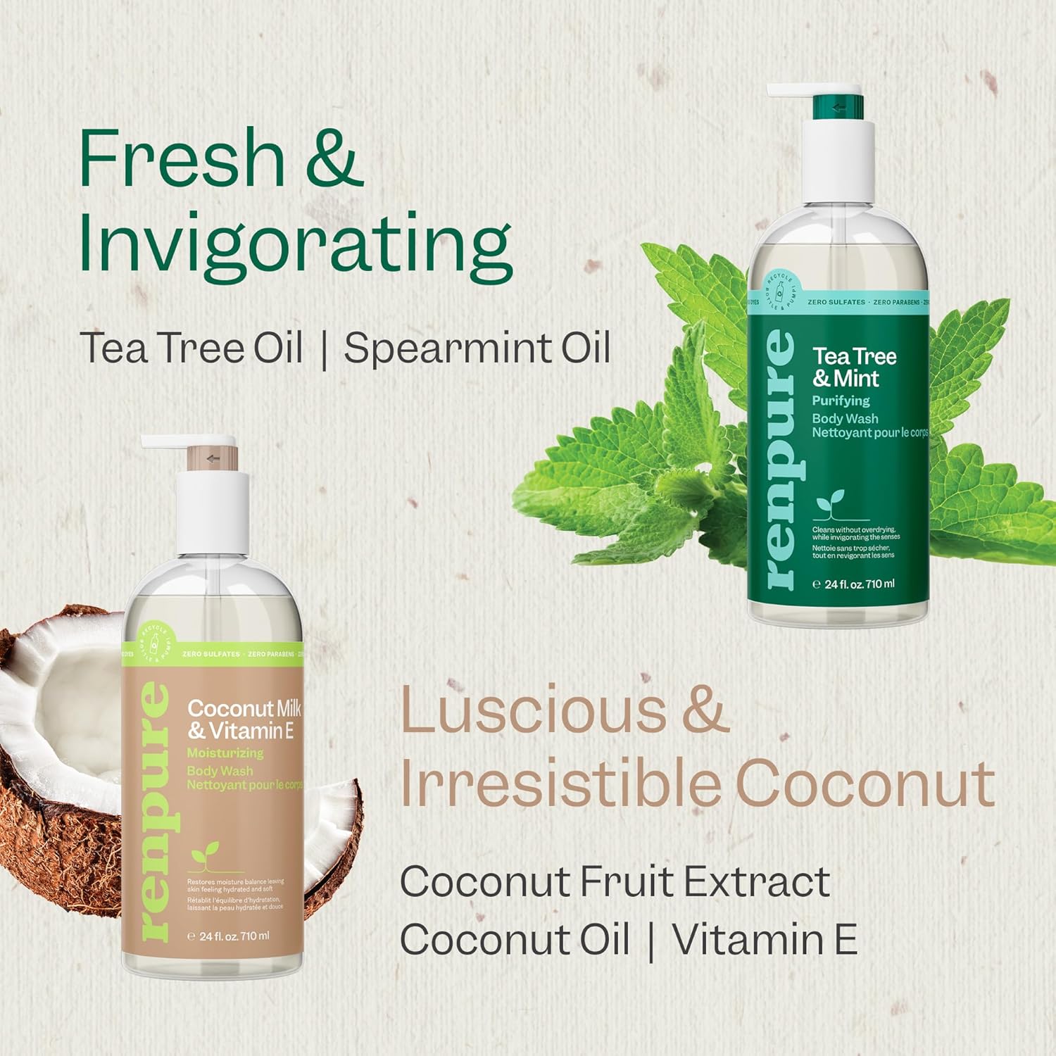 Renpure LLC Tea Tree Mint Oil & Coconut Vitamin E, Sulfate Free Moisturizing Body Wash For Dry Sensitive Skin, Antibacterial Body & Hand Soap For Men Women Kids & Toddlers, White, 24 Oz : Beauty & Personal Care