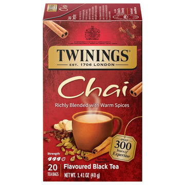 Twinings Chai Individually Wrapped Black Tea Bags, 20 Count (Pack Of 6), Sweet, Savoury Spices, Caffeinated, Enjoy Hot Or Iced