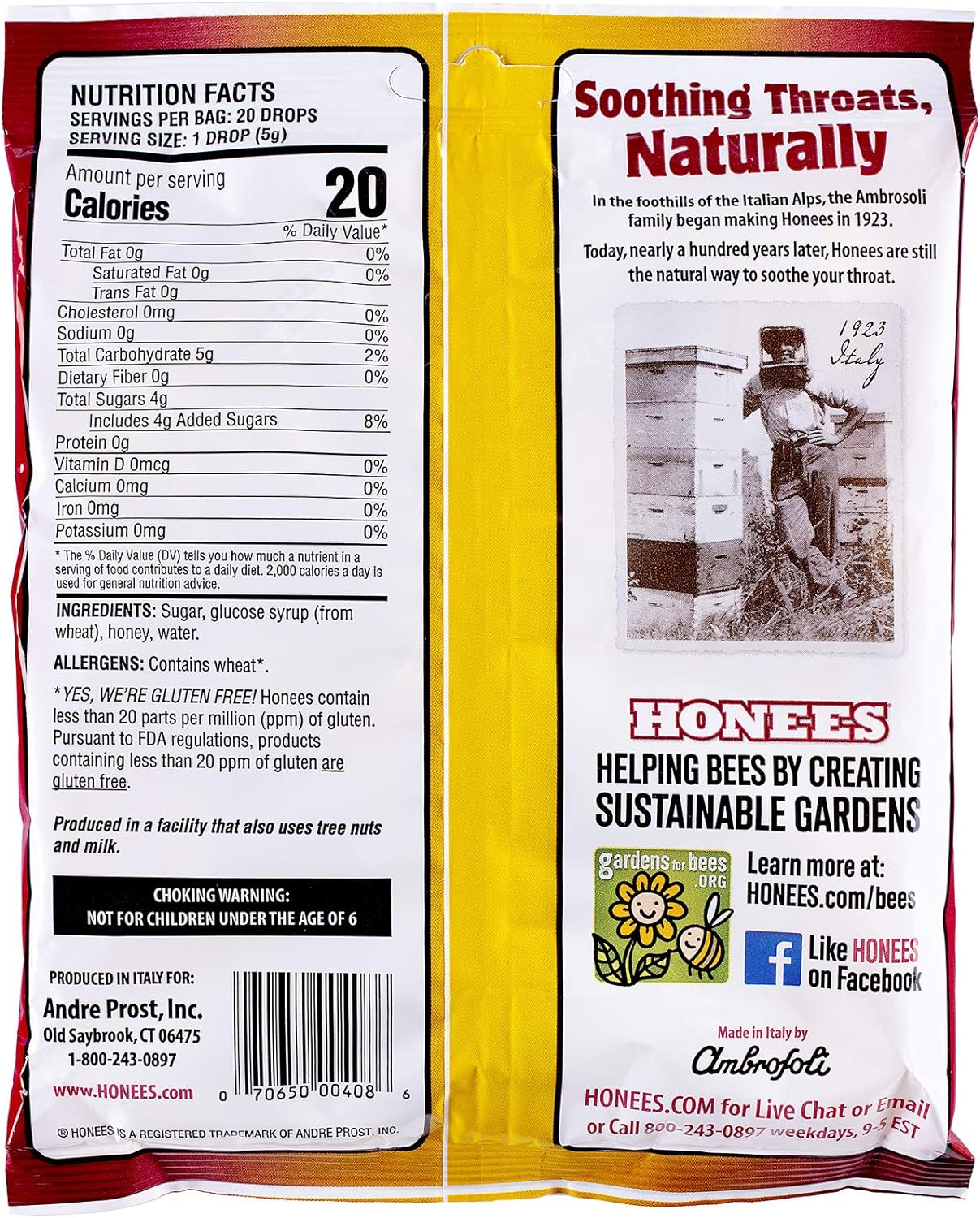 Honees Honey Filled Cough Drops - 20-Piece Single Pack Menthol-Free Lozenges | Temporary Relief from Cough | Soothes Sore Throat | All Natural : Health & Household