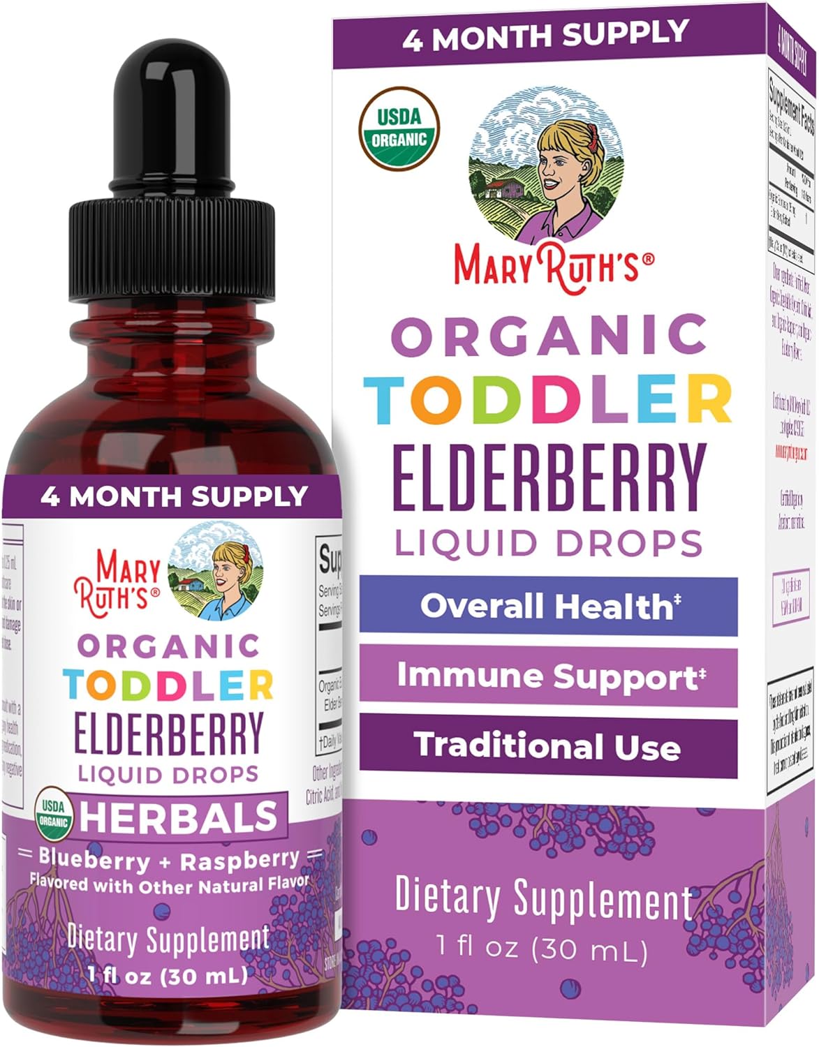 Maryruth Organics Toddler Elderberry Syrup, Usda Organic Elderberry, Sugar Free Kids Immune Support Supplement For Ages 1-3 Years, Clean Label Project Verified®, Vegan, Non-Gmo, Gluten Free, 1 Fl Oz