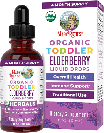 Maryruth Organics Toddler Elderberry Syrup, Usda Organic Elderberry, Sugar Free Kids Immune Support Supplement For Ages 1-3 Years, Clean Label Project Verified®, Vegan, Non-Gmo, Gluten Free, 1 Fl Oz