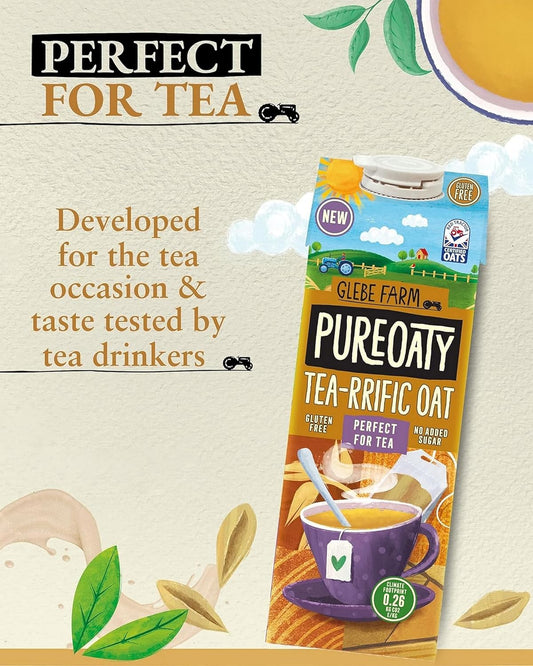 Glebe Farm Pureoaty Tea-Riffic Oat Drink | Dairy-Free & Gluten-Free | Oat Milk Crafted For Tea | Non-Splitting Formula | Vegan Oat Milk, Tea-Specific, 1L Carton (6-Pack)