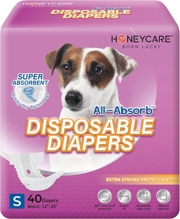 Honey Care All-Absorb Disposable Female Dog Diapers Small Size, Improved, 40 Count, Super Absorbent, Breathable, Wetness Indicator