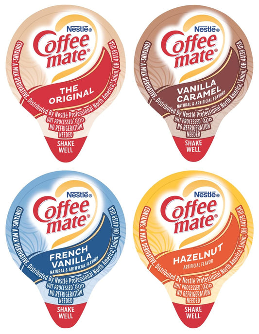 Coffee mate Liquid .375oz Variety Pack (4 Flavor) 100 Count includes Original, French Vanilla, Hazelnut, Vanilla Caramel & By The Cup Sugar Packets