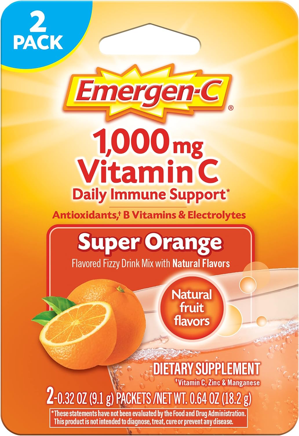 Emergen-C 1000mg Vitamin C Powder for Daily Immune Support Caffeine Free Vitamin C Supplements with Zinc and Manganese, B Vitamins and Electrolytes, Super Orange Flavor - 2 Count