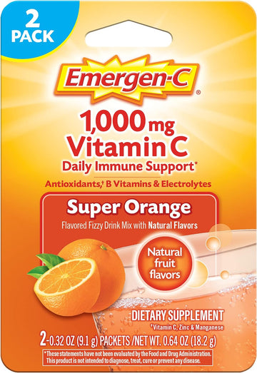 Emergen-C 1000mg Vitamin C Powder for Daily Immune Support Caffeine Free Vitamin C Supplements with Zinc and Manganese, B Vitamins and Electrolytes, Super Orange Flavor - 2 Count