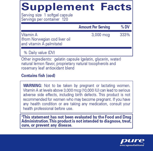 Pure Encapsulations Vitamin A - 3,000 mcg - from Cod Liver Oil - Immune & Vision Support* - Vitamin A Palmitate Supplement - Non-GMO - 120 Softgel Capsules