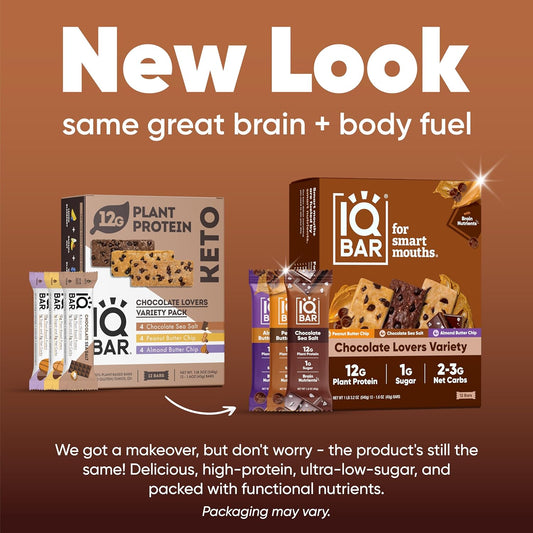 Iqbar Brain And Body Plant Protein Bars - Chocolate Lovers Variety - 12 Count, Low Carb, High Fiber, Gluten Free, Vegan Snacks - Low Sugar Keto Bars