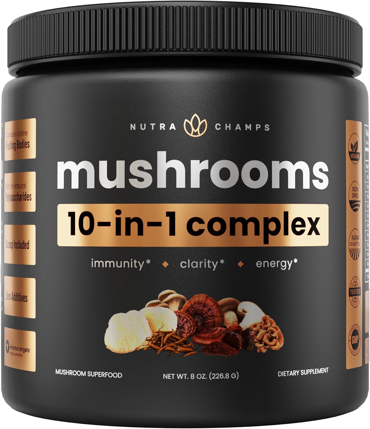 Organic Mushroom Powder - 10-In-1 Complex - Lions Mane, Reishi, Shiitake, Chaga, Turkey Tail, Cordyceps, Maitake & More - Mushroom Supplement Powder Blend For Memory, Focus & Immune Support - 8Oz