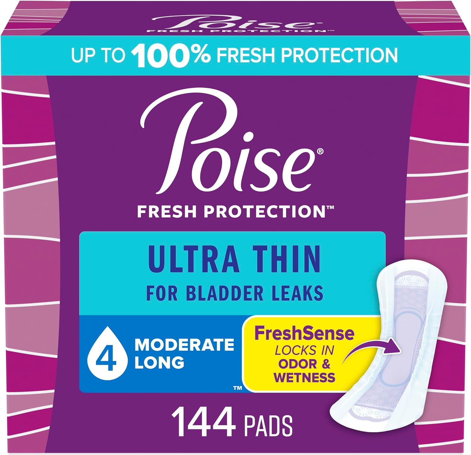 Poise Ultra Thin Incontinence Pads & Postpartum Incontinence Pads, 4 Drop Moderate Absorbency, Long Length, 144 Count (3 Packs Of 48), Packaging May Vary