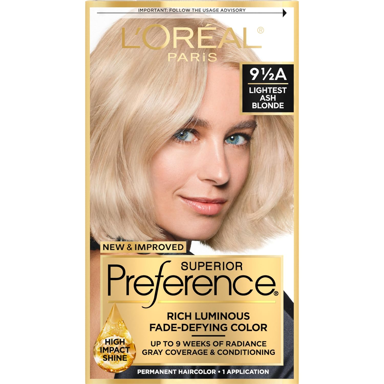 L'Oreal Paris Superior Preference Fade-Defying + Shine Permanent Hair Color, 9.5A Lightest Ash Blonde, Pack Of 1, Hair Dye