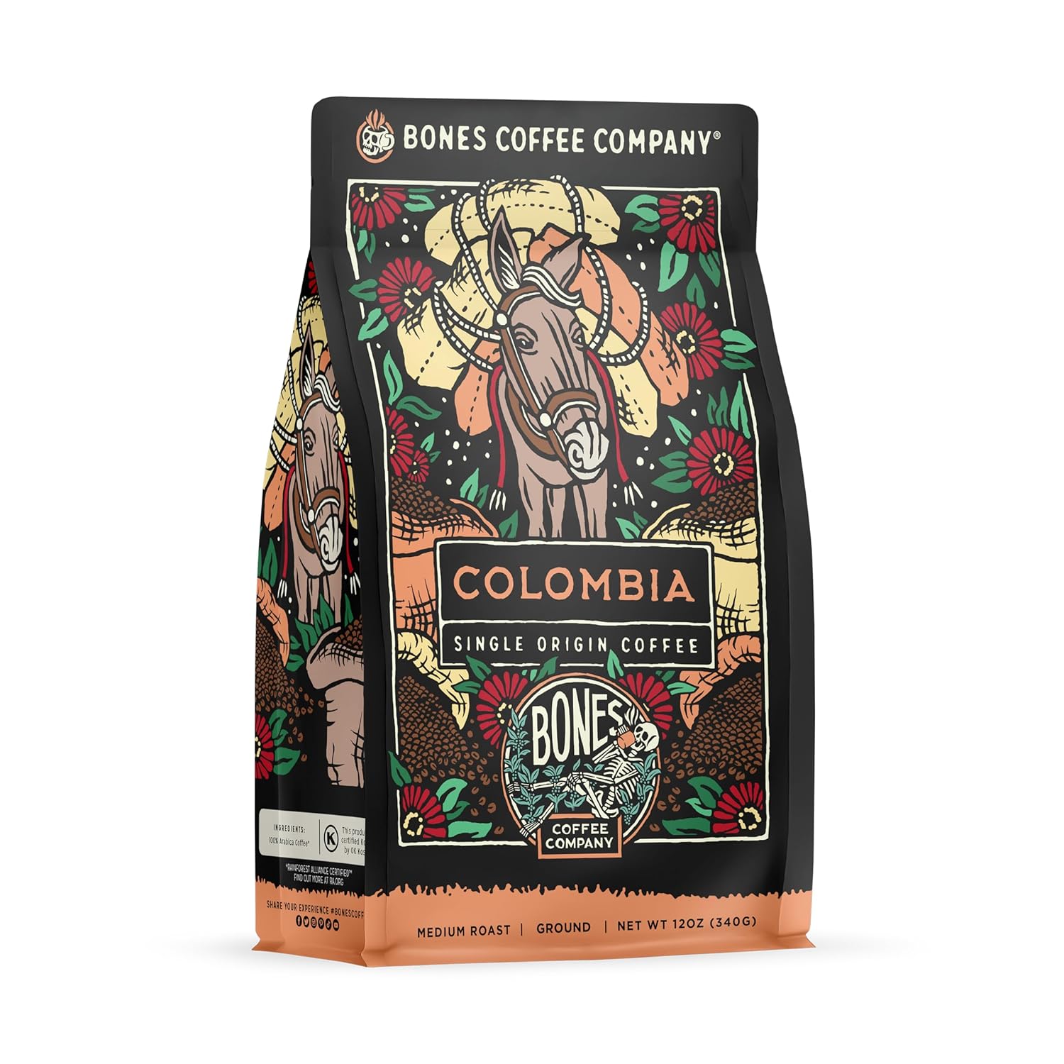 Bones Coffee Company Colombia Single-Origin Ground Coffee Beans | 12 oz Medium Roast Low Acid Coffee Arabica Beans | Coffee Gifts & Beverages (Ground)