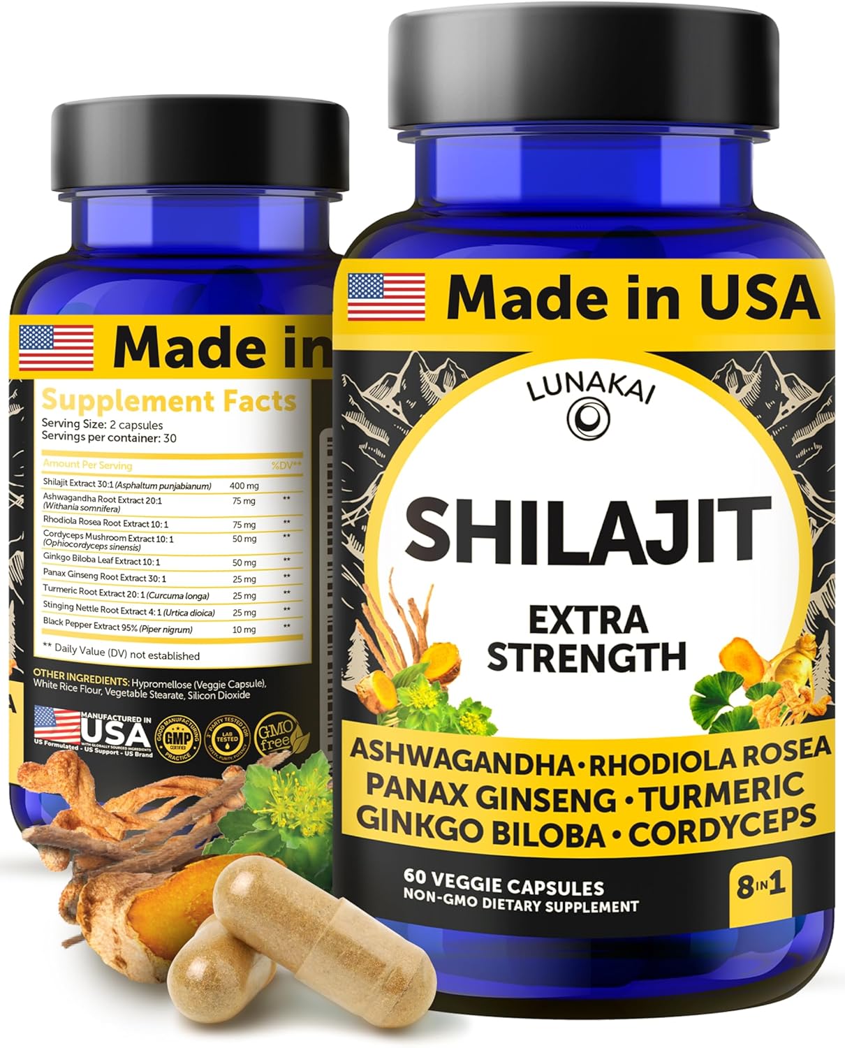Lunakai Usa Made Pure Shilajit Capsules With Ashwagandha, Rhodiola & Cordyceps - Extra Strength Shilajit Extract For Men & Women, 60Ct