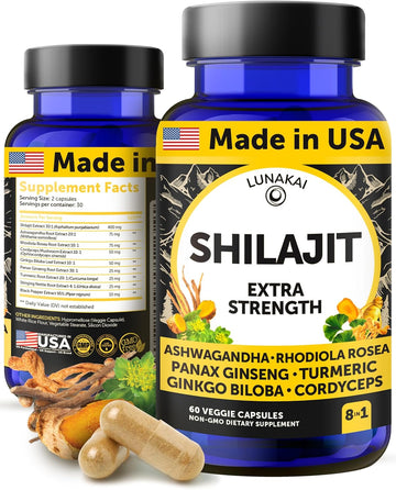 Lunakai Usa Made Pure Shilajit Capsules With Ashwagandha, Rhodiola & Cordyceps - Extra Strength Shilajit Extract For Men & Women, 60Ct