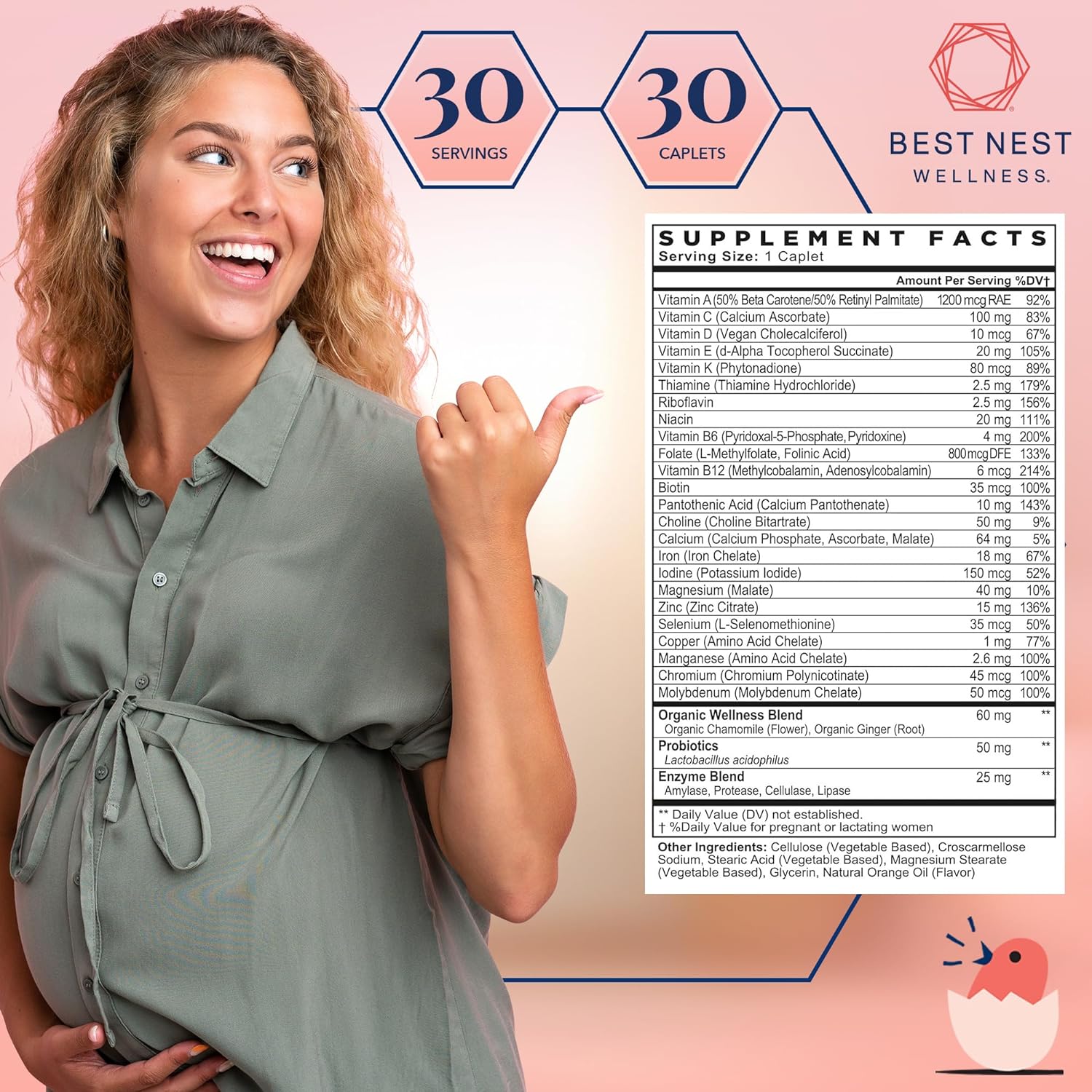 Best Nest Wellness Mama Bird Prenatal Vitamin, Methylated Prenatal Vitamins, Organic Herbal Blend, Vegan, w/Methylfolate (Folic Acid for Pregnant Women), B12, Once Daily, 30 Ct : Health & Household