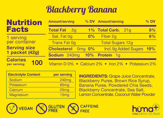 Huma Plus (Double Electrolytes) - Chia Energy Gel, BlackBerry Banana, 12 Gels - Stomach Friendly, Real Food Energy Gels