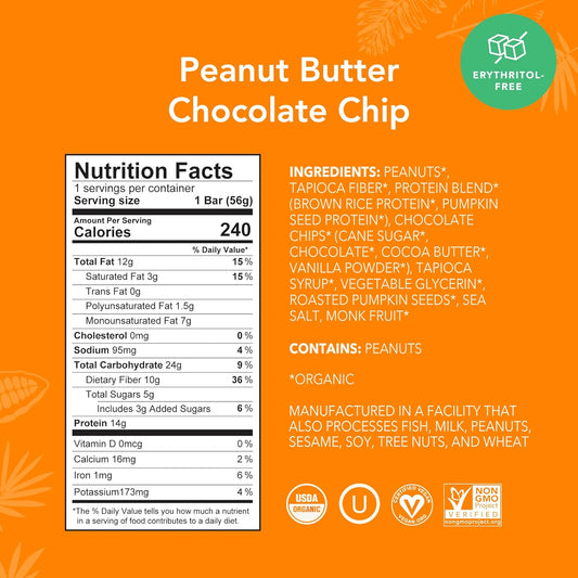 Aloha Organic Plant Based Protein Bars |Peanut Butter Chocolate Chip | 1.98 Oz (Pack Of 12) | Vegan, Low Sugar, Gluten Free, Paleo, Low Carb, Non-Gmo, Stevia Free, Soy Free, No Sugar Alcohols