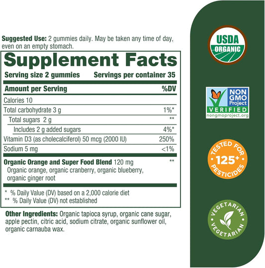 Megafood Vitamin D3 Gummies 2000 Iu (50 Mcg) - Vitamin D Gummies Mixed Fruit Flavor, Bone, Muscle & Immune Support Supplement, Vegetarian, Gluten-Free, Usda Organic – 70 Gummies, 35 Servings