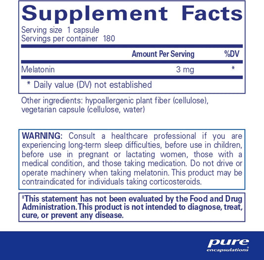 Pure Encapsulations Melatonin 3 Mg - Antioxidant Supplement To Support Natural Sleeping & Relief Of Occasional Sleeplessness - For Natural Sleep Support* - 180 Capsules