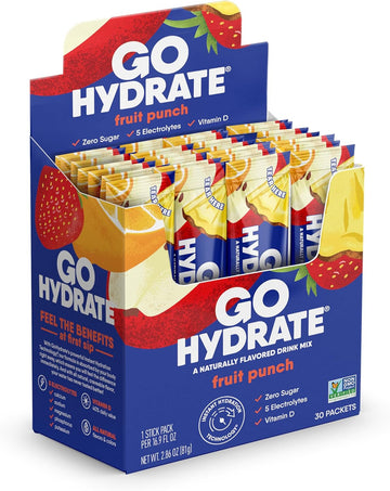 Gohydrate Hydration Powder Packets - Electrolytes Drink Mix - All Natural Hydration Support, Sugar Free Electrolyte Flavored Powder Drink With Vitamin D, 30 Packs, Fruit Punch