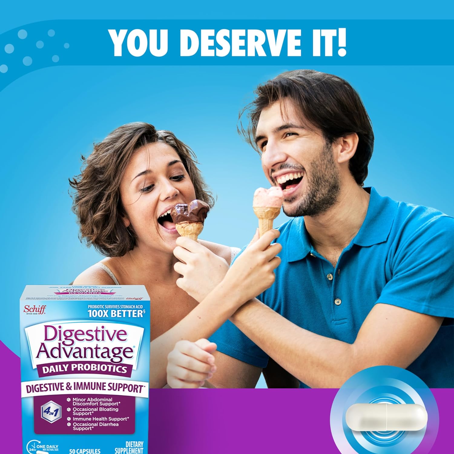 Digestive Advantage Probiotics For Digestive Health, Daily Probiotics For Women & Men, Supports Gut Health, Occasional Bloating & Diarrhea, Minor Abdominal Discomfort, & Immune Support, 50Ct Capsules