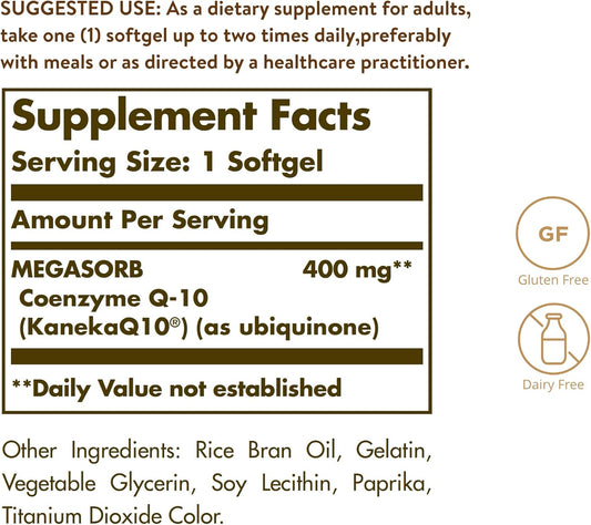 Solgar Megasorb Coq-10 400 Mg, 60 Softgels - Supports Heart & Brain Function - Coenzyme Q10 Supplement - Enhanced Absorption - Gluten Free, Dairy Free - 60 Servings