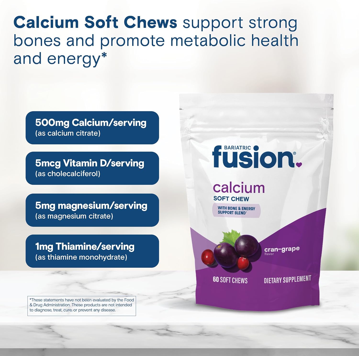 Bariatric Fusion Bariatric Calcium Supplement Chews | Calcium Citrate With Vitamin D3 Bariatric Vitamin | Sugar Free Chewable |500Mg |Cranberry Grape | 60 Count : Health & Household