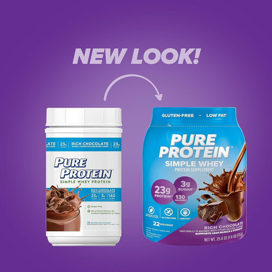 Pure Protein Simple Whey Protein Powder, Gluten Free, 23G Protein, Rich Chocolate, 1.6Lbs