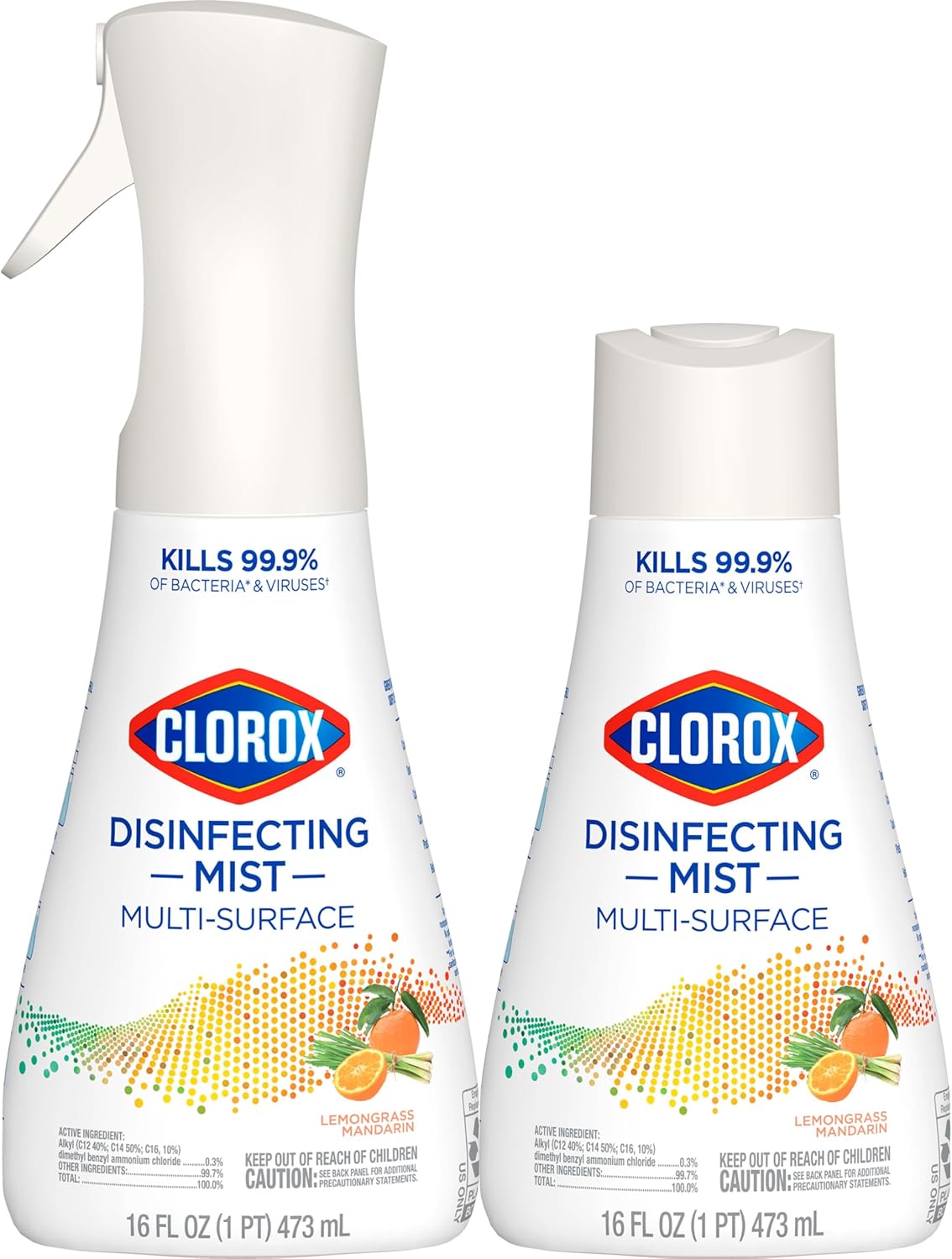 Clorox Disinfecting Mist, Lemongrass Mandarin, Household Essentials, 1 Sprayer Bottle And 1 Refill, 16 Fl Oz Each