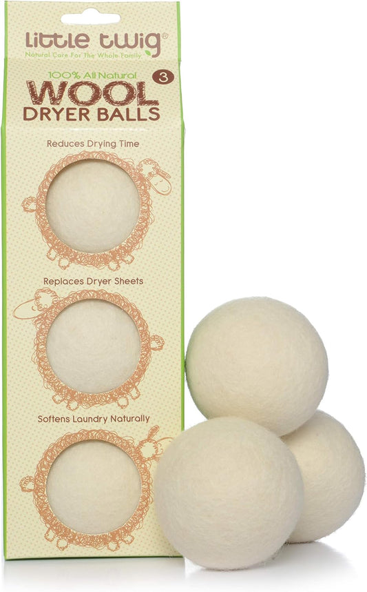 Little Twig All Natural Reuseable Wool Dryer Balls, Fragrance Free, Pack of 3