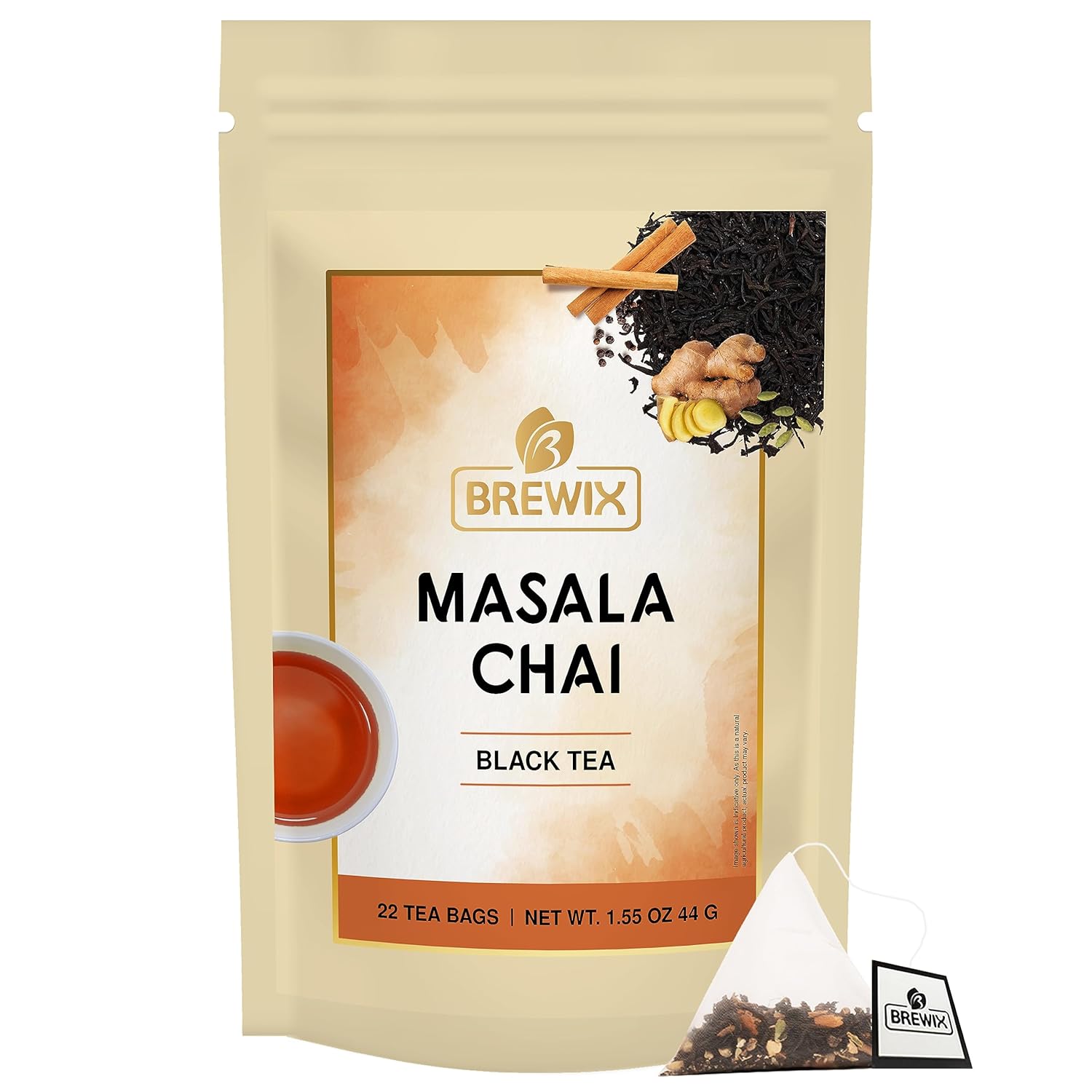 Brewix, Masala Chai Tea Bags (22 Pyramid Tea Bags) Strong, Robust & Spicy - Pure Ingredients | Black Tea, Cinnamon, Ginger, Black Pepper, Cardamom & Cloves, Packed In Resealable Ziplock Pouch