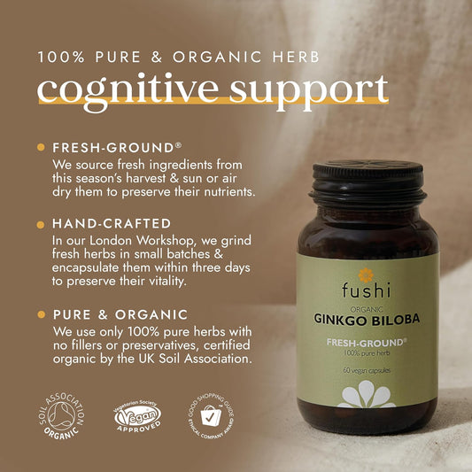Fushi Organic Ginkgo Biloba Capsules, 60 Caps | Fresh-Ground Whole Food | Memory Boosting Properties | Ethical & Vegan | Made In The Uk, Packaging May Vary