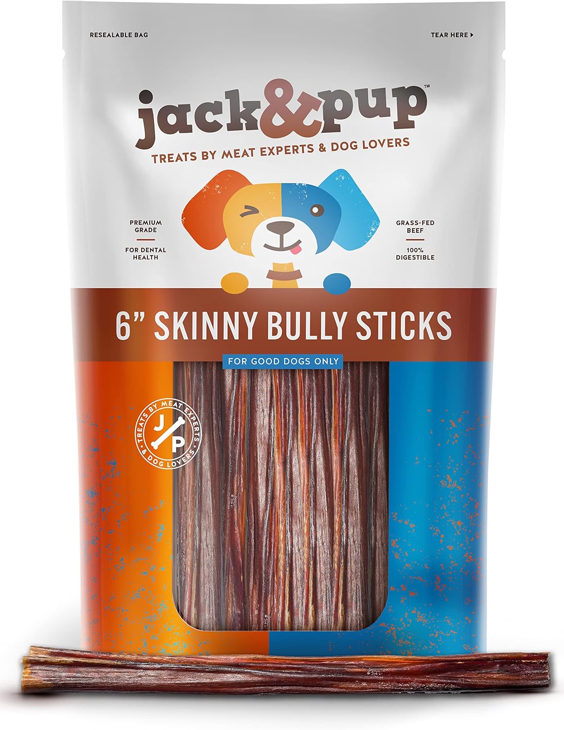 Jack&Pup 6 Inch Skinny Bully Sticks for Small Dogs | Thin Odor Free Bully Sticks Sheaths | All Natural, 100% Beef Pizzle Sticks for Seniors and Puppies (Skinny, 30 Pack)