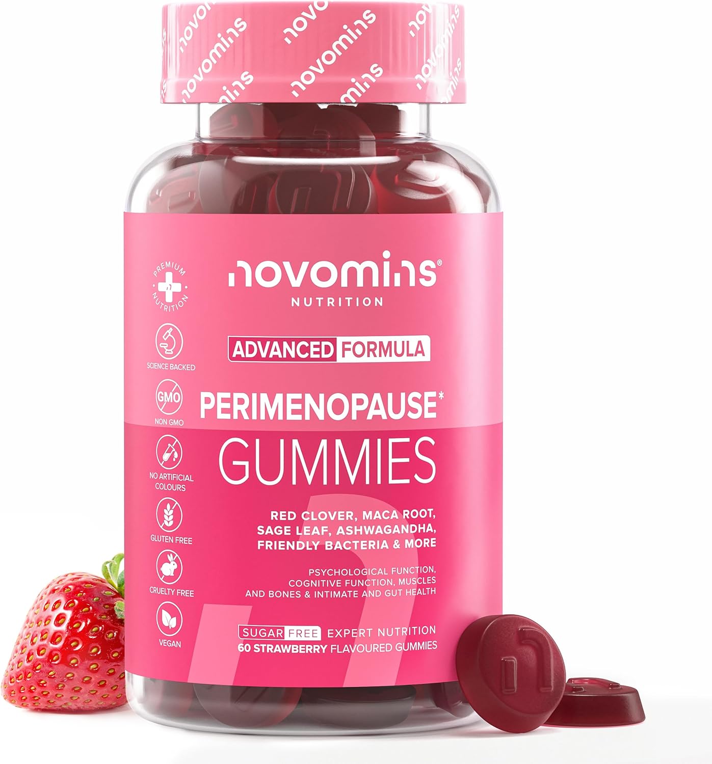 Perimenopause Gummies - Perimenopause Supplements With Red Clover, Sage Leaf, Zinc, Ashwagandha - Sugar-Free - Vegan - Peri & Menopause Supplements - Hormone Balance For Women - 60 Gummies - Novomins